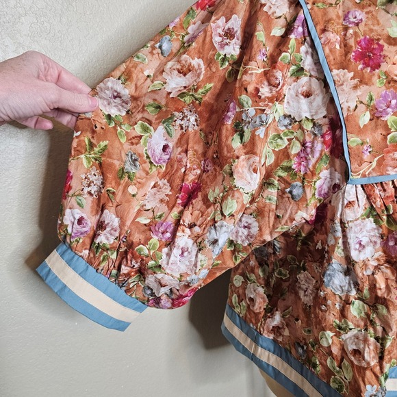 Entro Floral Print Puff Sleeve Peasant Blouse Women's Small Blue Trim Tie Neck - Picture 4 of 10